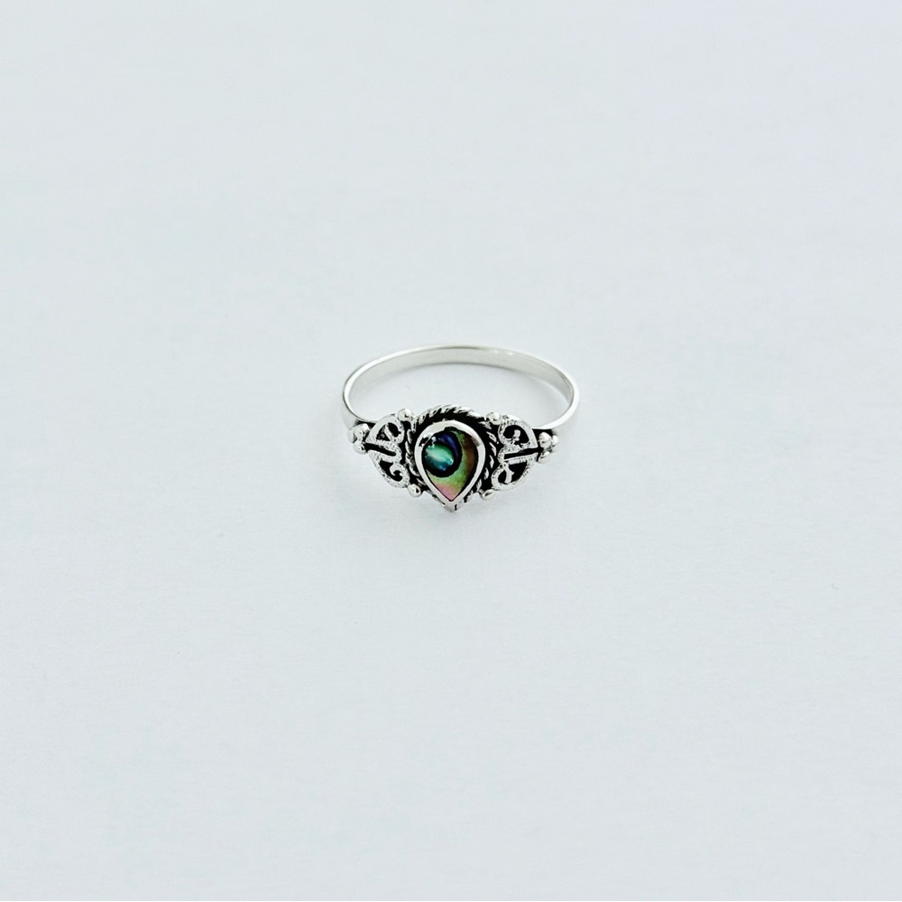 Sterling Silver Teardrop Abalone Ring with Swirls, Pear Shape Rings, Seashells - Picture 10 of 13